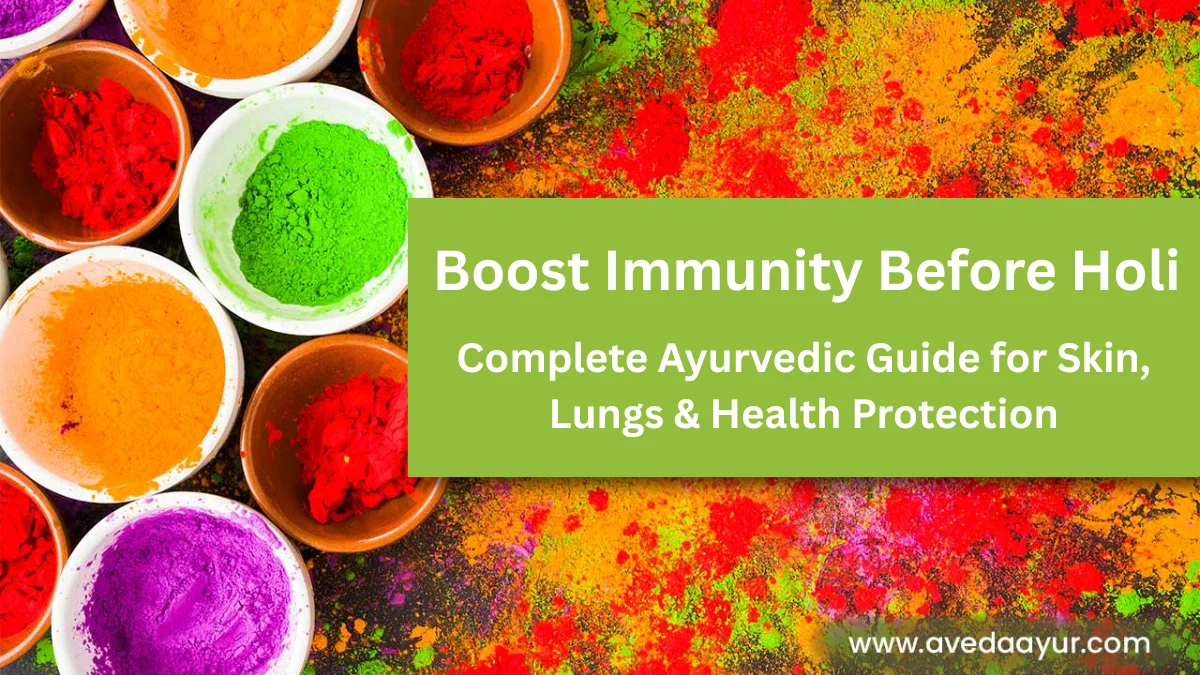 Colorful bowls of powdered Holi pigments with text promoting an Ayurvedic guide to boost immunity before Holi.