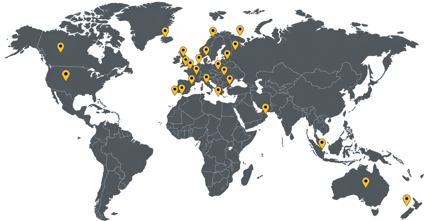 World Map with Yellow Pins